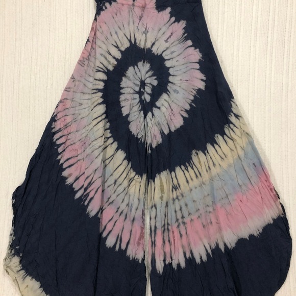 Pants - Navy Pink Tie Dye Wide Leg Palazzo Pants Boho Rayon Festival Summer One Size